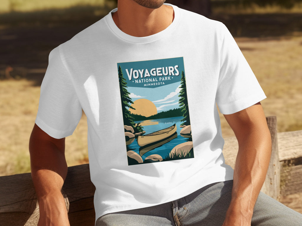 White t-shirt featuring Voyageurs National Park, Minnesota graphic with canoe.