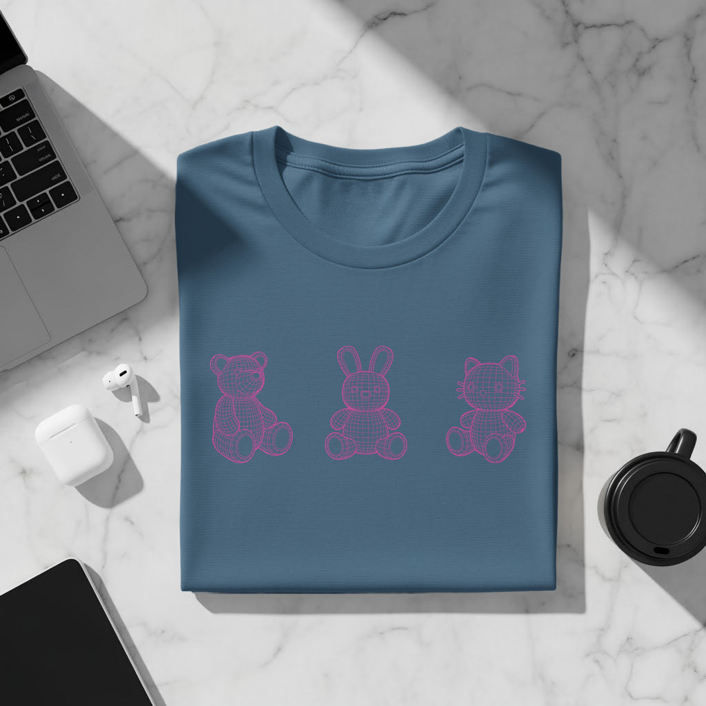 Blue t-shirt with pink wireframe teddy bear, bunny, and cat graphic.