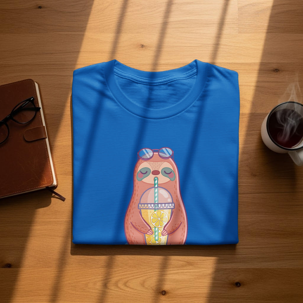 Blue t-shirt with a cartoon sloth wearing sunglasses drinking lemonade.