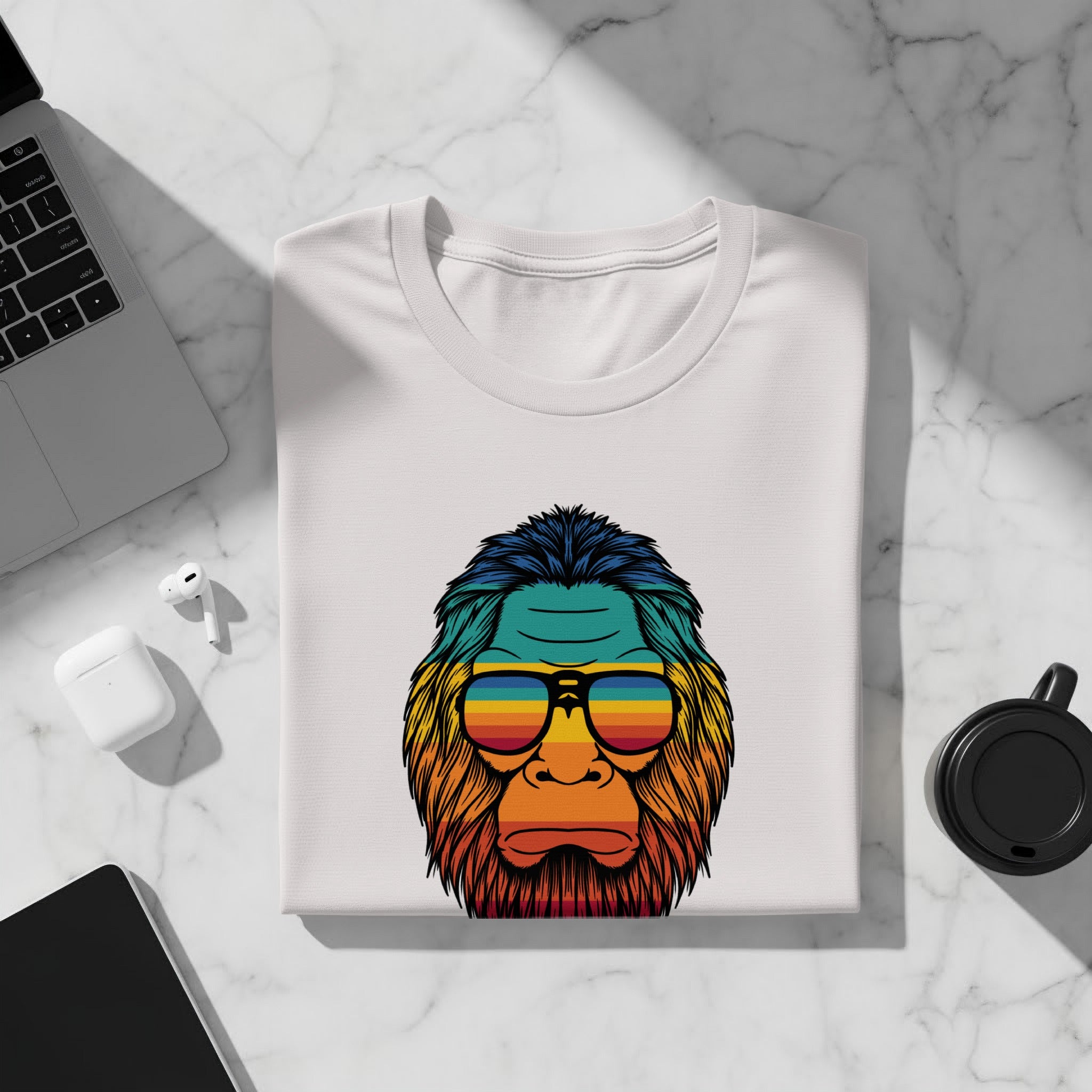 White t-shirt with a Bigfoot graphic wearing rainbow sunglasses.