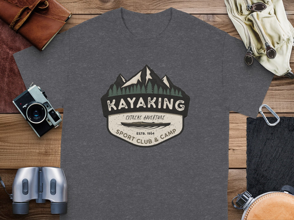 Dark grey t-shirt with "Kayaking Extreme Adventure Sport Club & Camp Estb. 1954" logo.