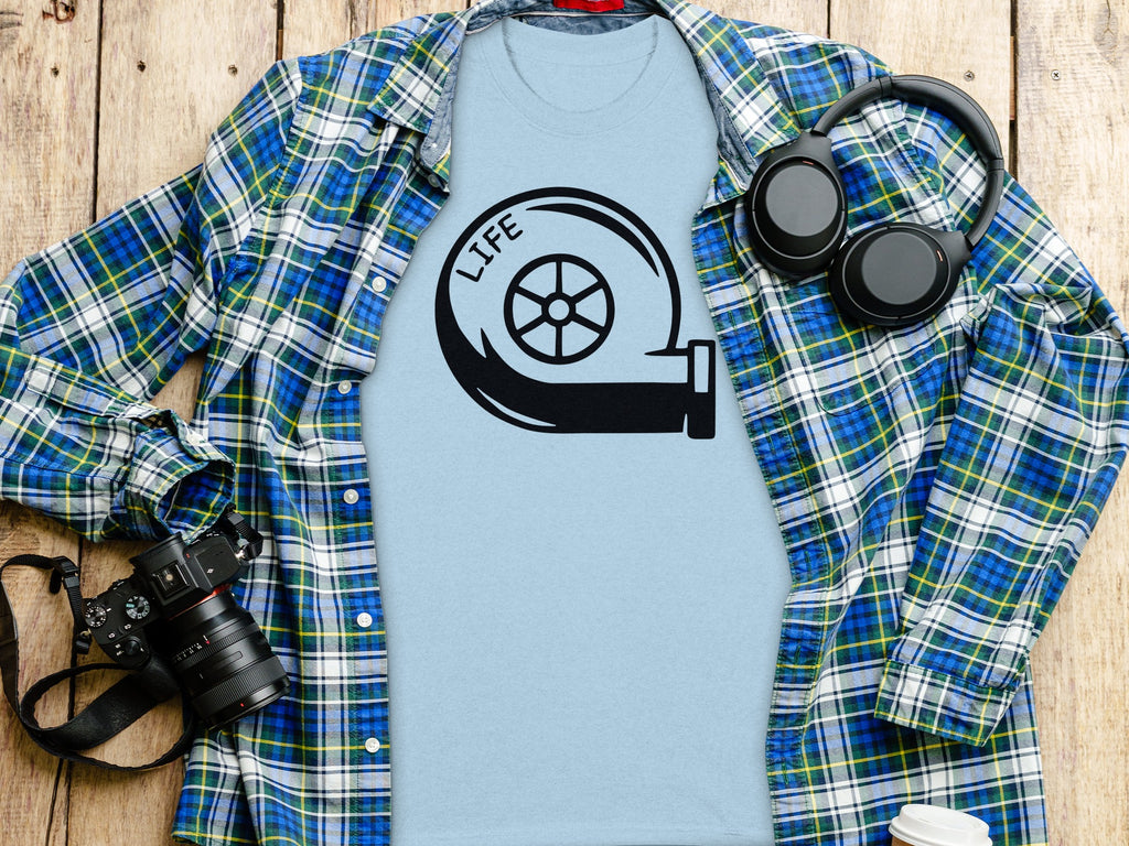 Light blue t-shirt with black turbocharger graphic and "LIFE" text.