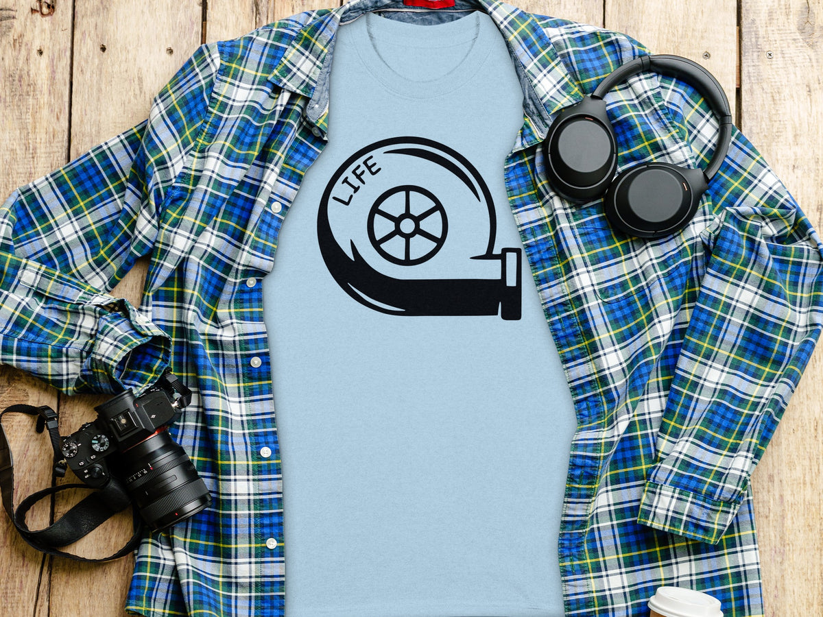 Light blue t-shirt with black turbocharger graphic and "LIFE" text.