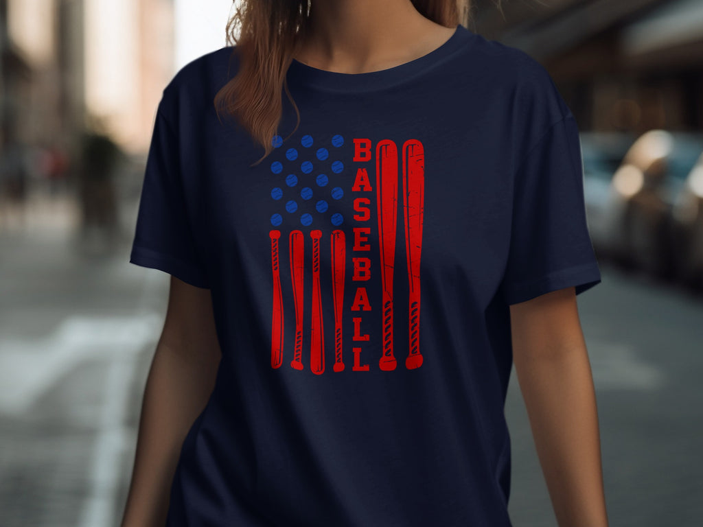 Navy t-shirt with a distressed American flag design made of baseball bats and baseballs.
