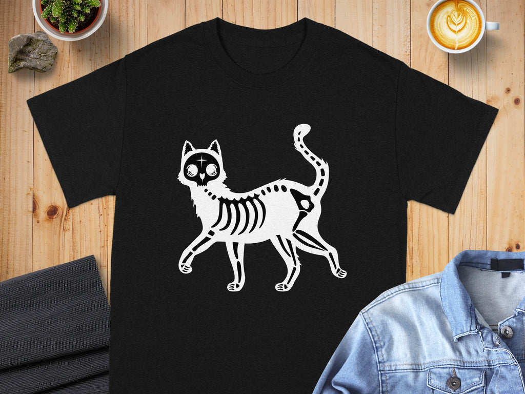Black t-shirt with a white skeleton cat graphic and a plus sign on its forehead.