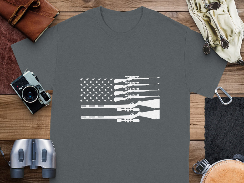 T-shirt with white silhouette of American flag made of rifles.