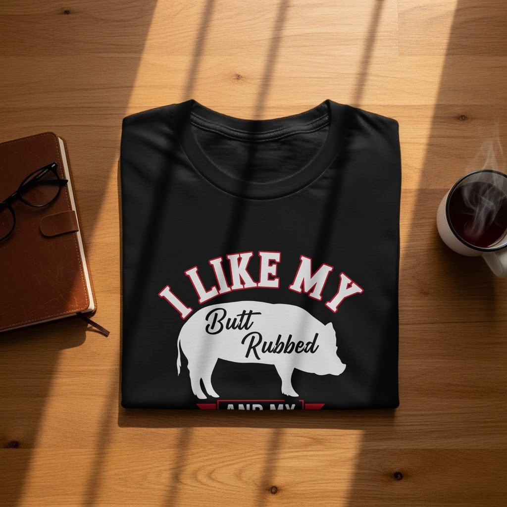 Black t-shirt with white pig graphic and text "I LIKE MY Butt Rubbed".