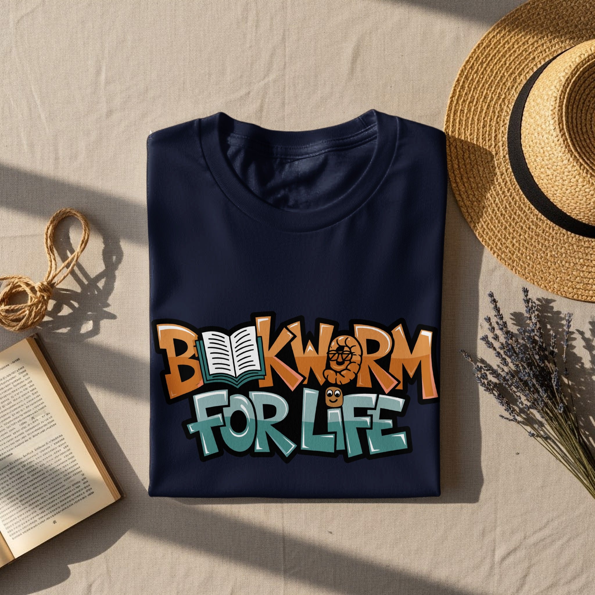 Navy t-shirt with "Bookworm For Life" text and cartoon worm graphics.