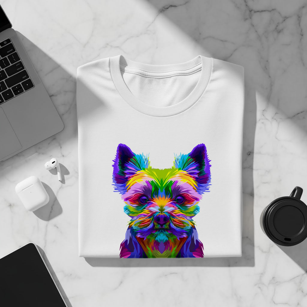 White t-shirt with a colorful abstract dog portrait on the front.