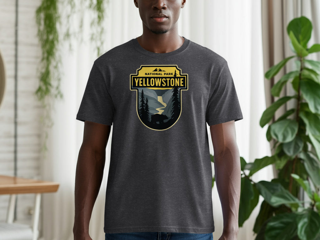 Dark grey t-shirt with Yellowstone National Park bear and mountain landscape graphic.