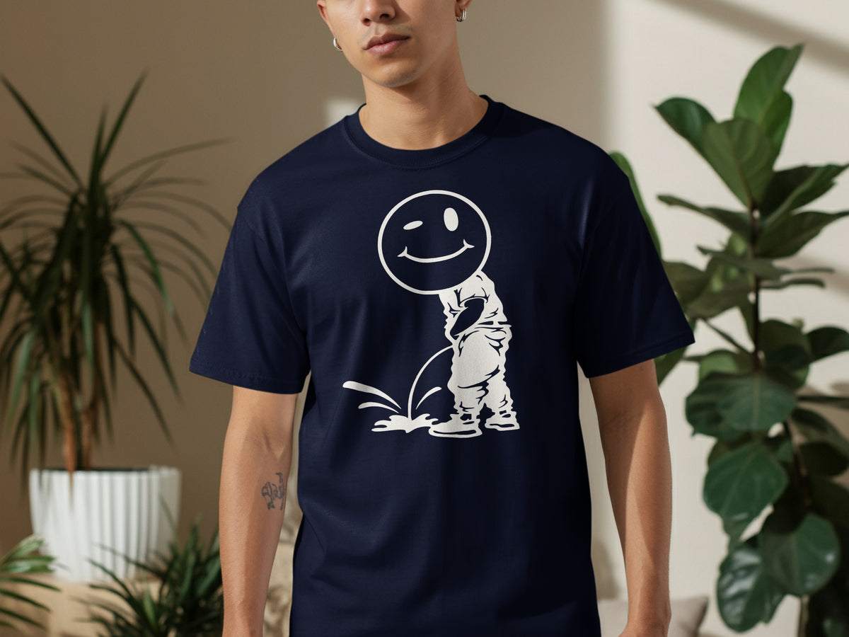Navy t-shirt with white graphic of a figure peeing, with a winking smiley face above.