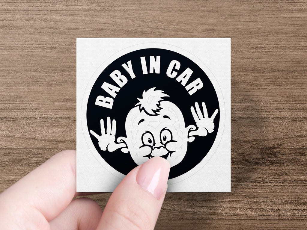 Baby in Car sticker with cartoon baby face and text