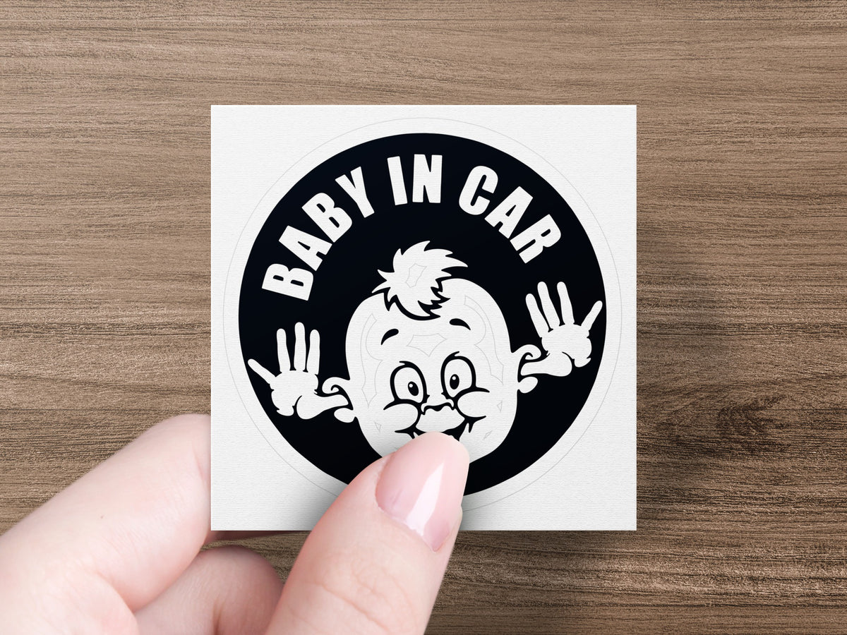 Baby in Car sticker with cartoon baby face and text