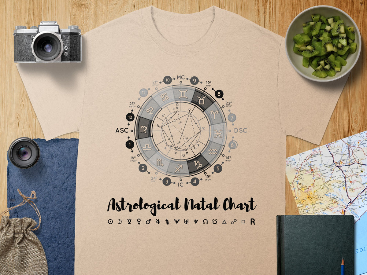 T-shirt with astrological natal chart design and planetary symbols.