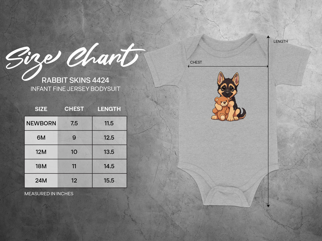 Rabbit Skins infant bodysuit size chart with chest and length measurements in inches.