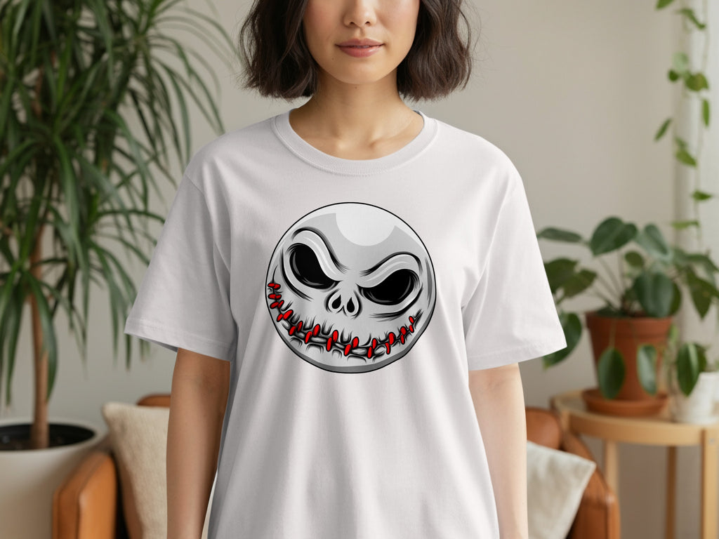 White t-shirt with a circular, stitched-mouth Jack Skellington graphic.
