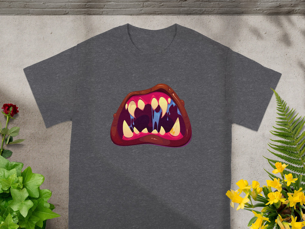 Dark grey t-shirt with a cartoon monster mouth design and flowers.