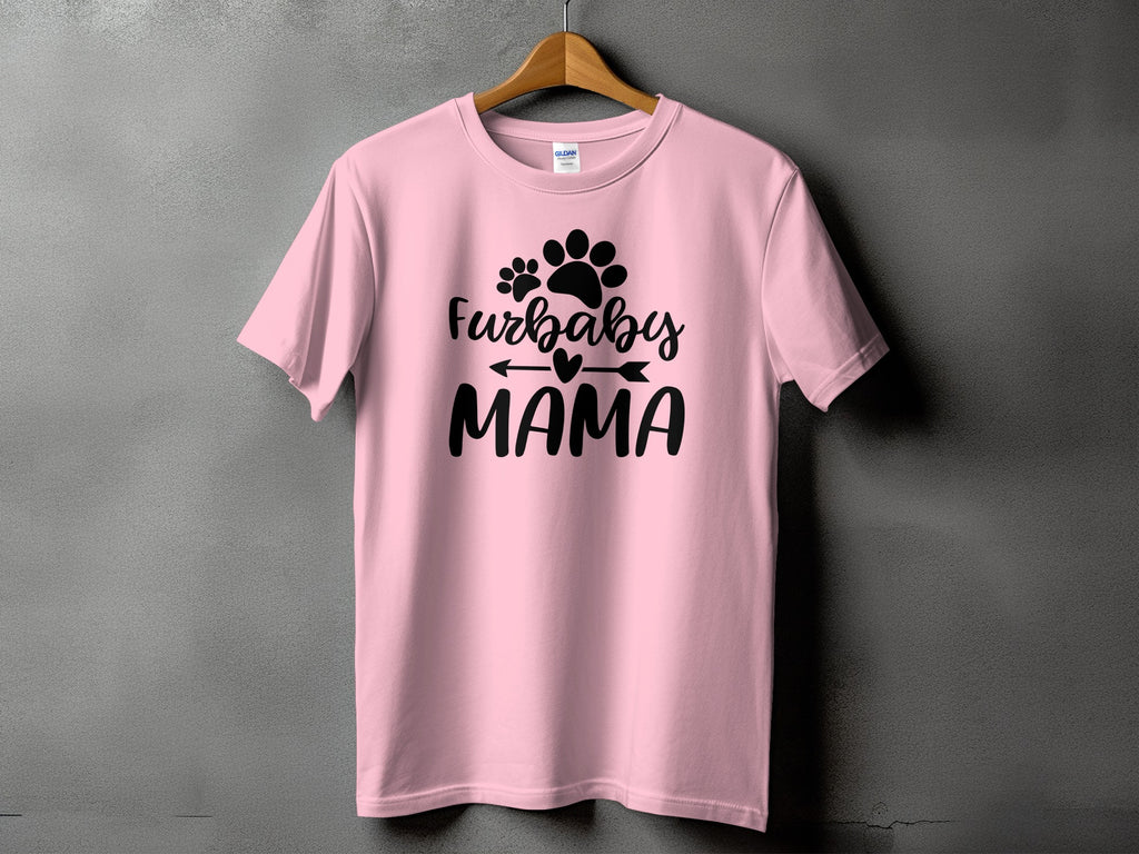 Pink t-shirt with black "Furbaby Mama" text and paw print graphic.