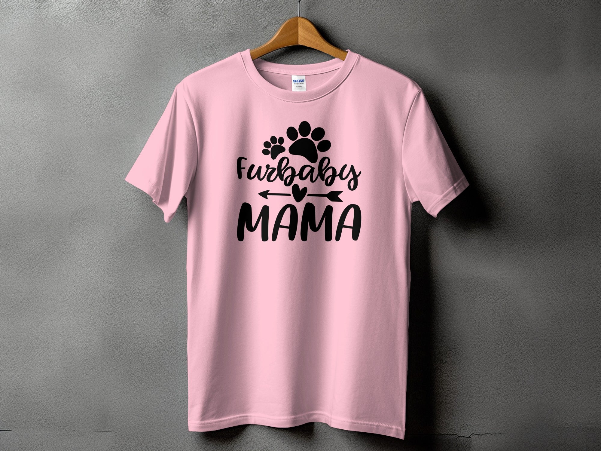 Pink t-shirt with black "Furbaby Mama" text and paw print graphic.