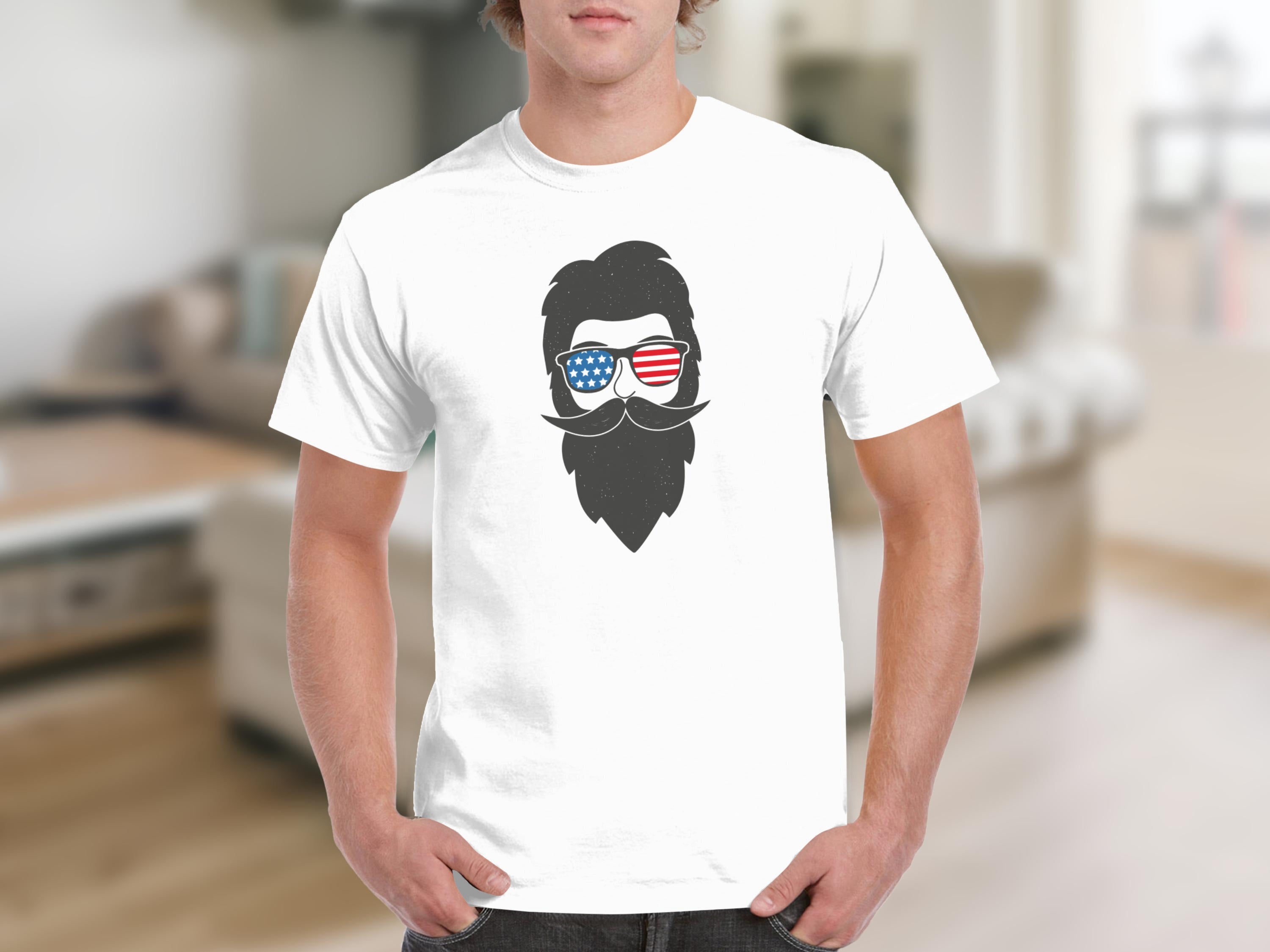 White t-shirt with graphic of bearded man wearing American flag sunglasses.