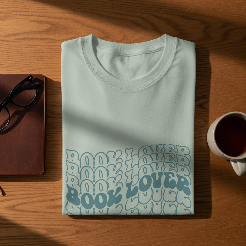 Light blue t-shirt with "Book Lover" text in a wavy blue font.