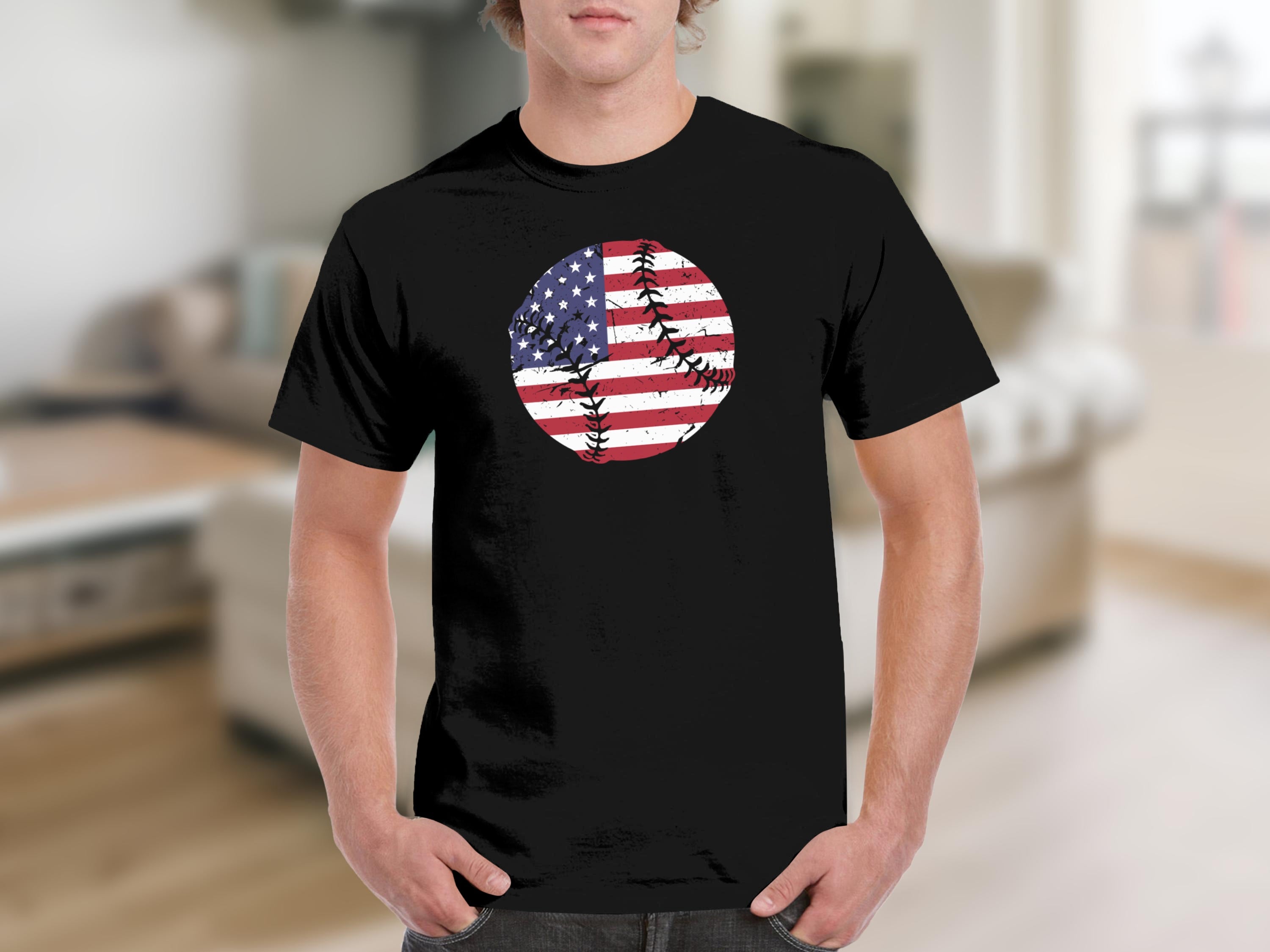 Black t-shirt featuring a distressed American flag baseball graphic on the chest.