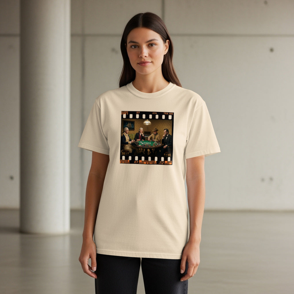 U.S. Presidents play poker in a filmstrip design on a light cream t-shirt.