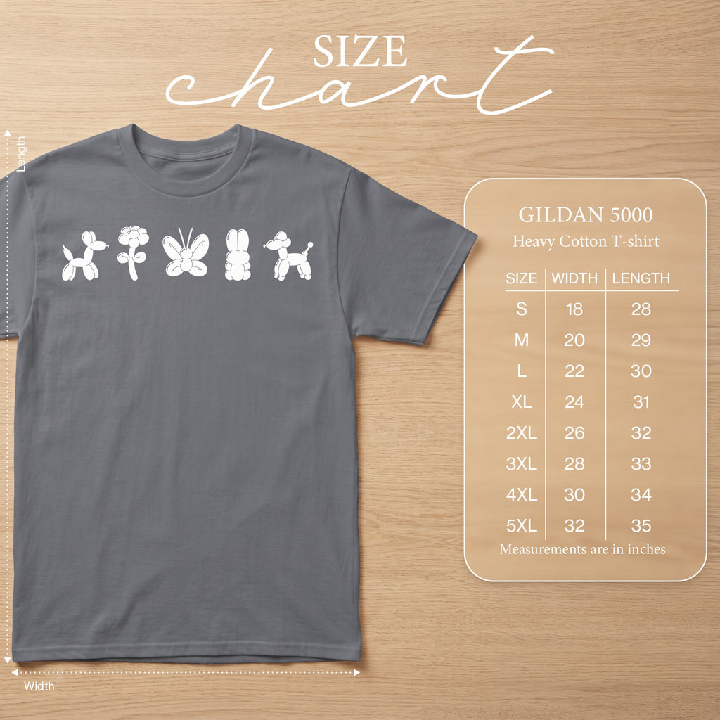 GILDAN 5000 Heavy Cotton T-shirt with balloon animal print and size chart.