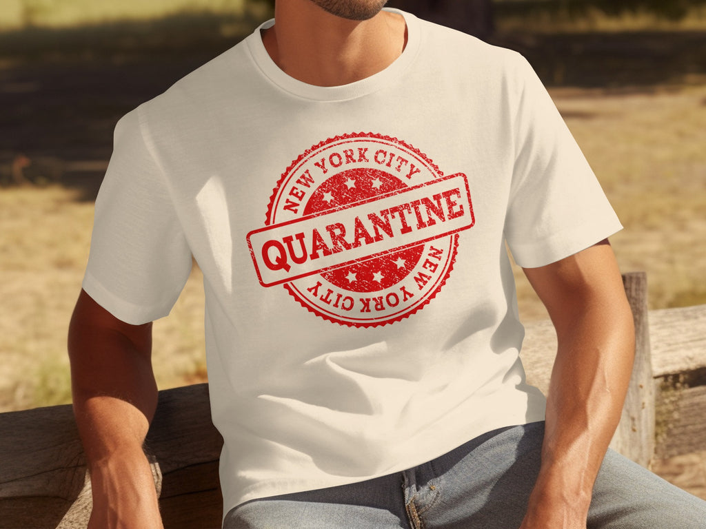 White t-shirt with a distressed red "New York City Quarantine" stamp graphic.