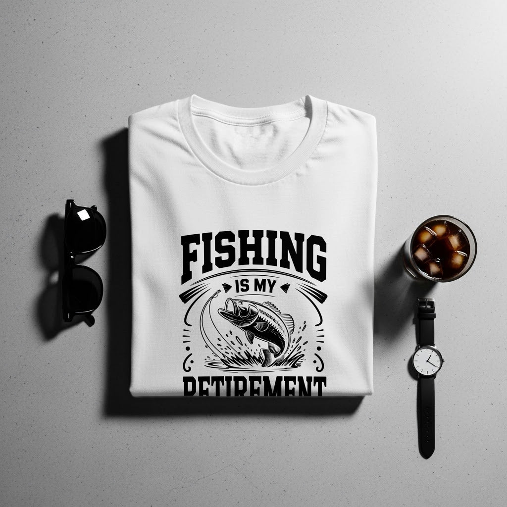White t-shirt with "FISHING IS MY RETIREMENT" and leaping fish graphic.