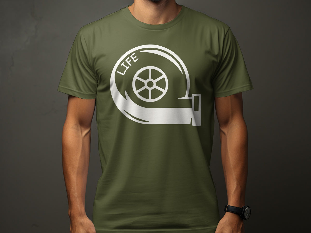Green t-shirt with white turbocharger graphic and the word "LIFE".