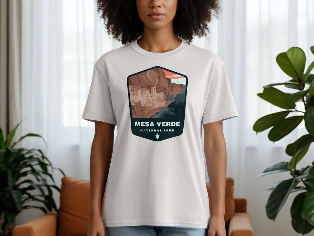 White t-shirt with Mesa Verde National Park graphic featuring cliff dwellings.