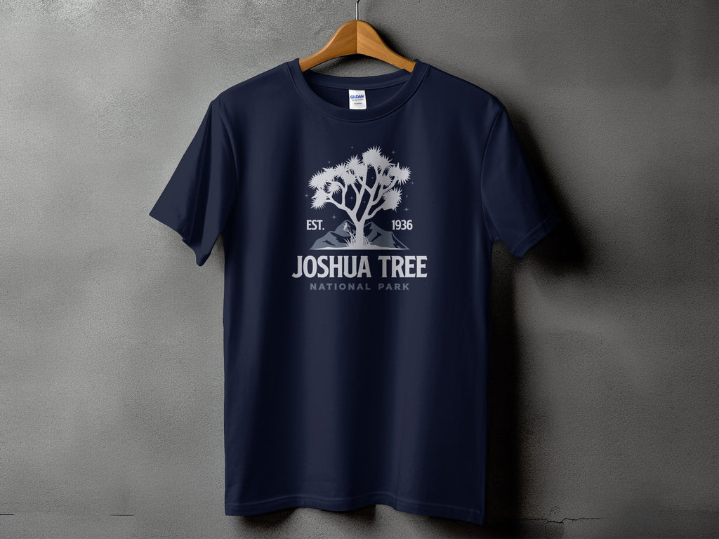 Dark blue t-shirt with Joshua Tree National Park graphic and text.