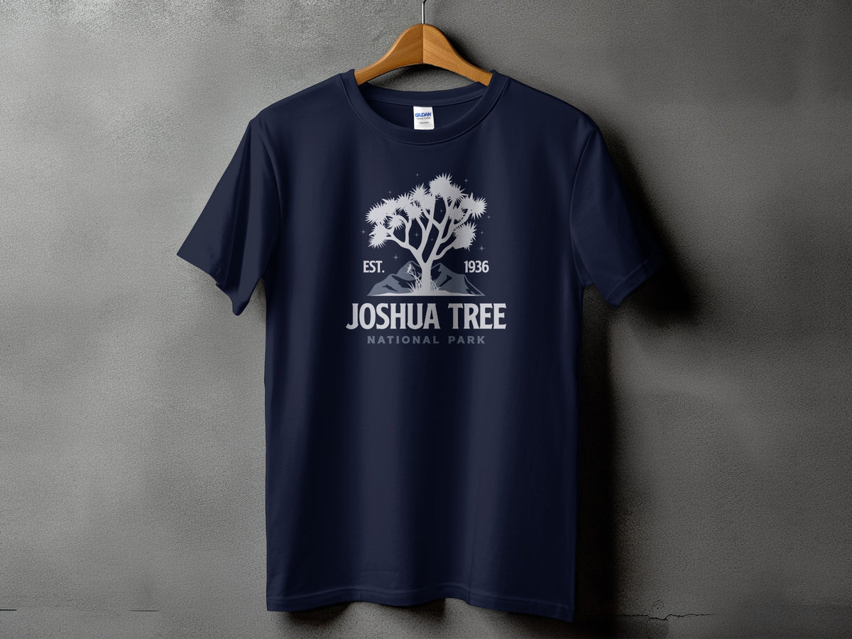 Dark blue t-shirt with Joshua Tree National Park graphic and text.
