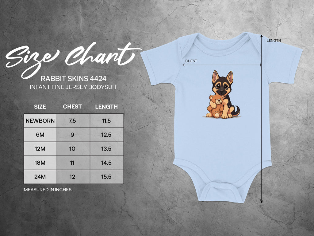 Rabbit Skins 4424 size chart for infant bodysuit with measurements in inches.