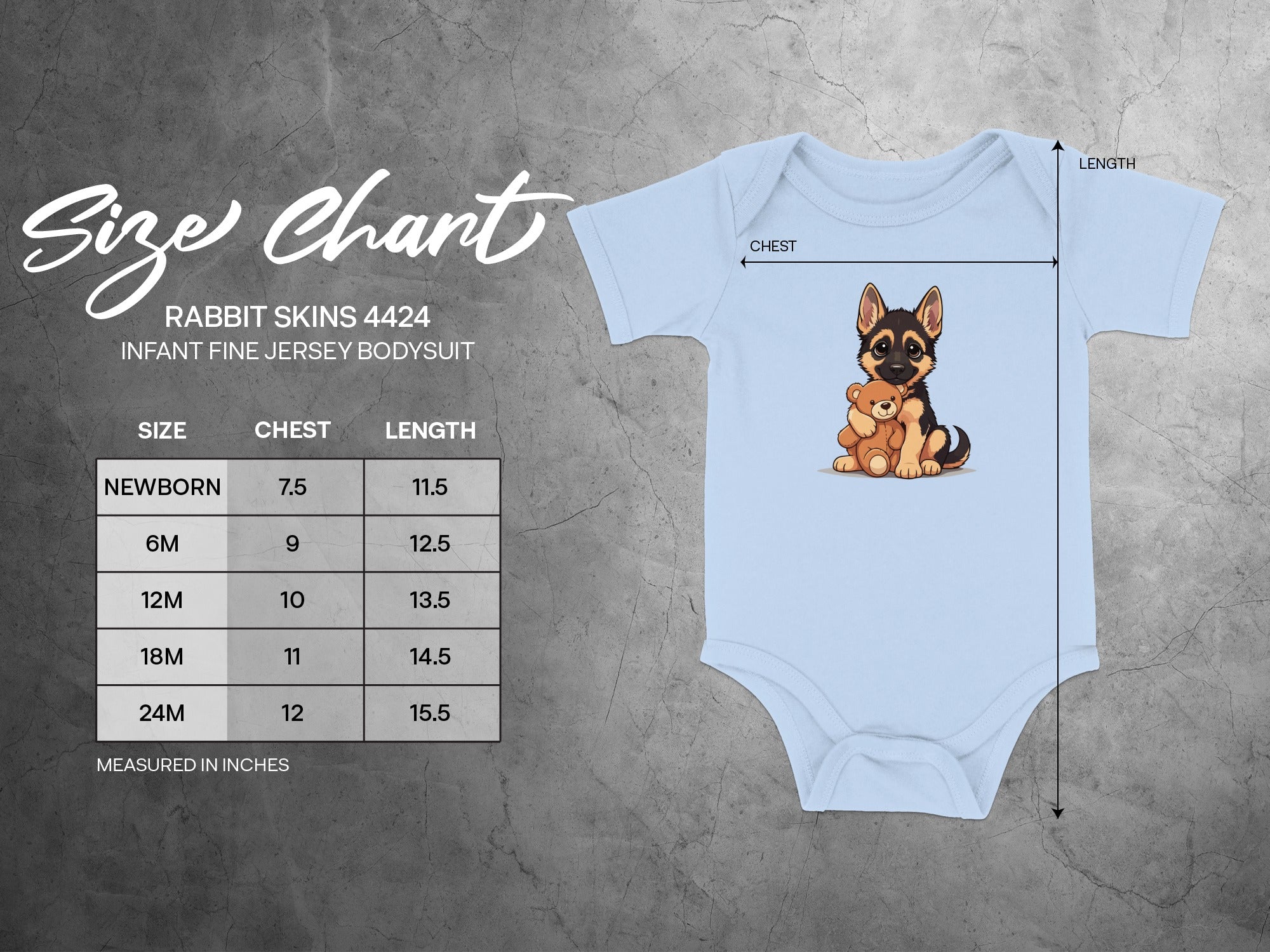 Rabbit Skins 4424 size chart for infant bodysuit with measurements in inches.
