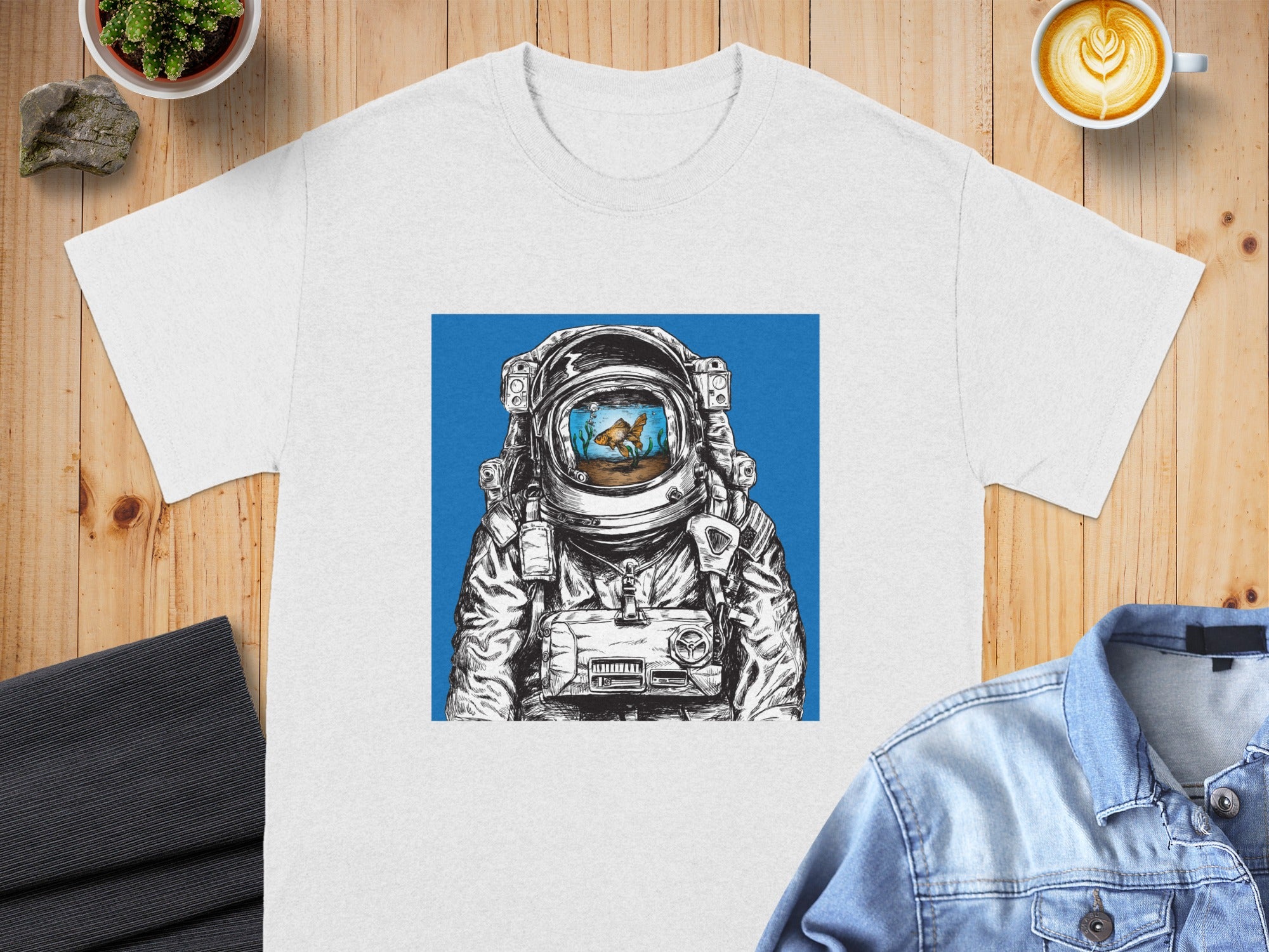 Astronaut with goldfish bowl helmet on white t-shirt.
