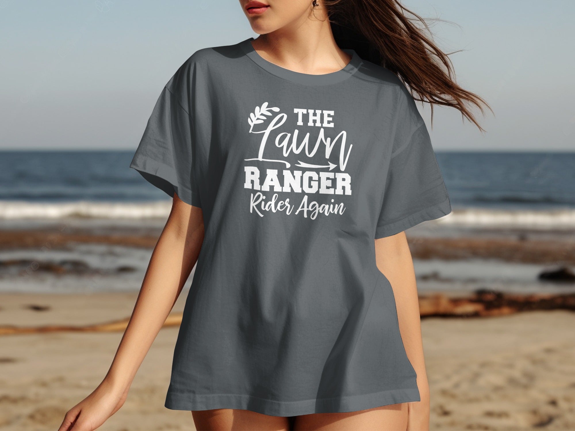 Dark gray t-shirt with white text: The Lawn Ranger Rider Again.