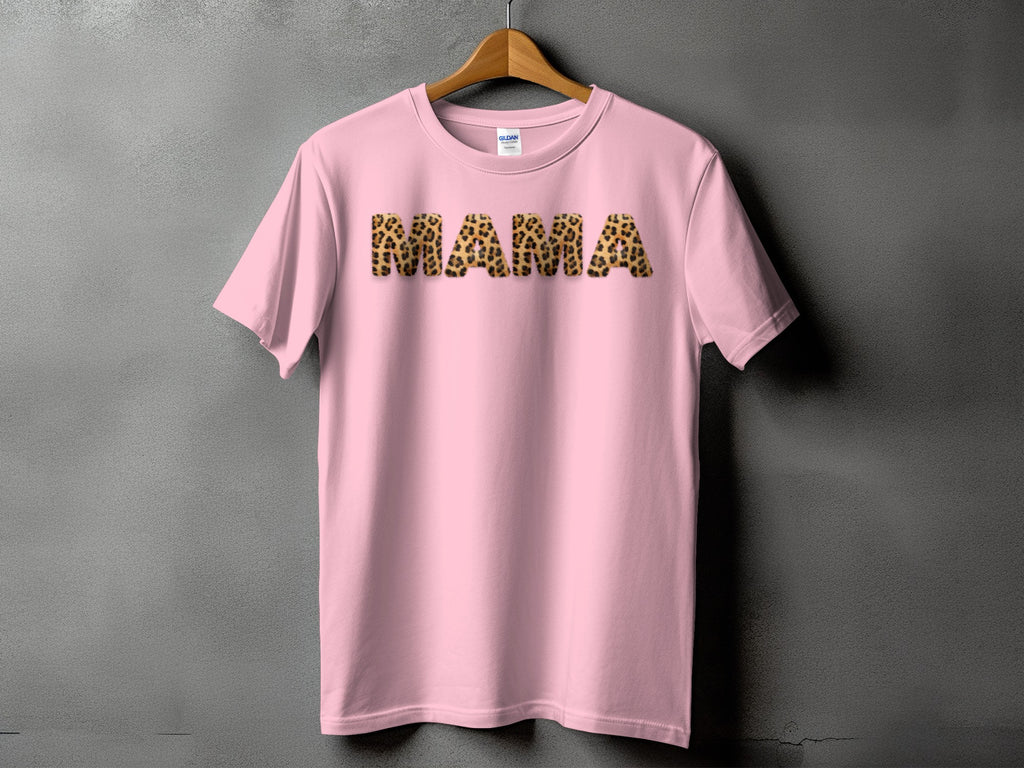 Pink t-shirt with "MAMA" text in leopard print.