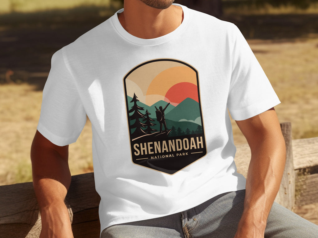 Shenandoah National Park retro badge graphic on a white t-shirt.