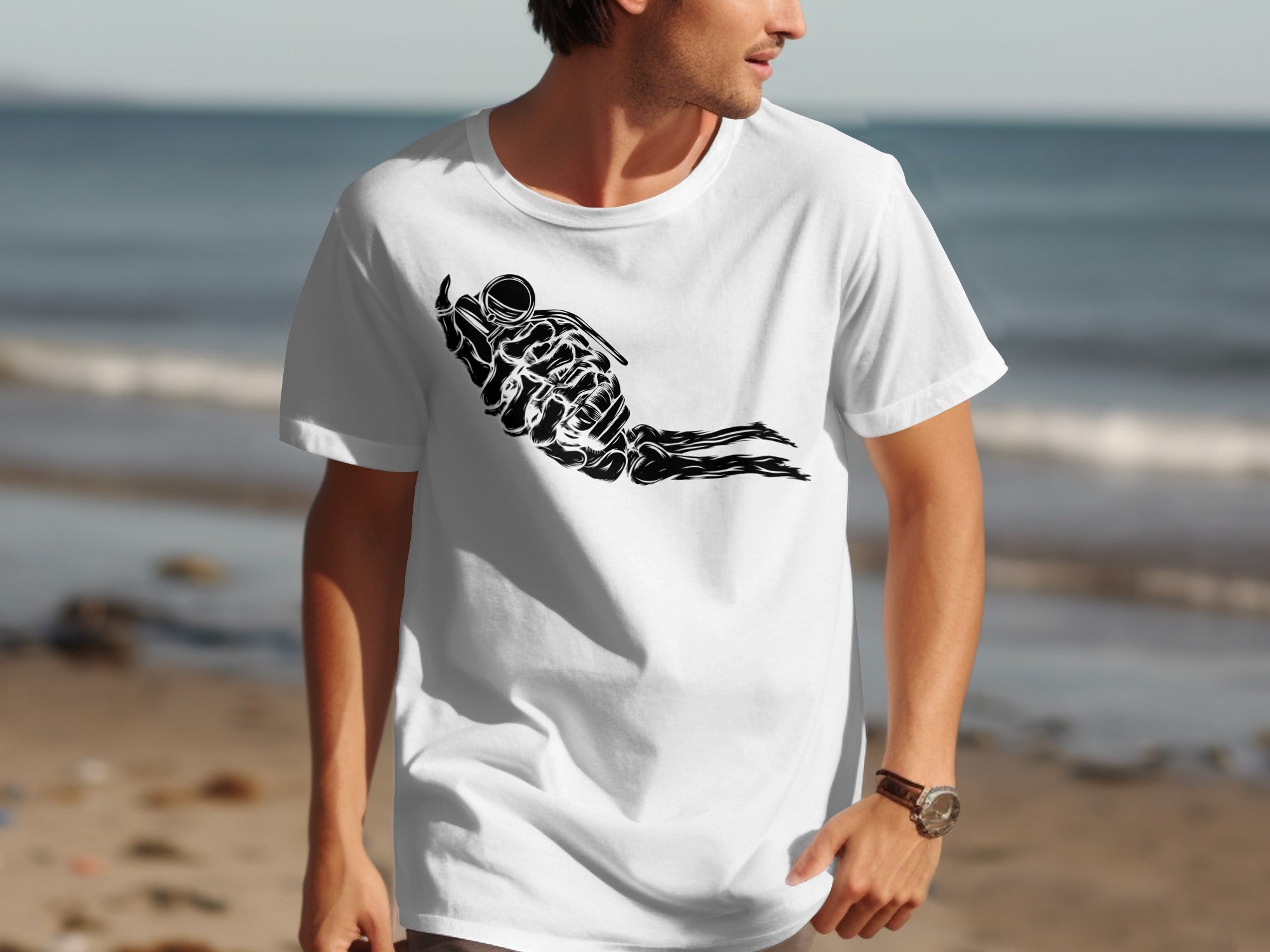 White t-shirt with black graphic of a skeletal hand holding a grenade.