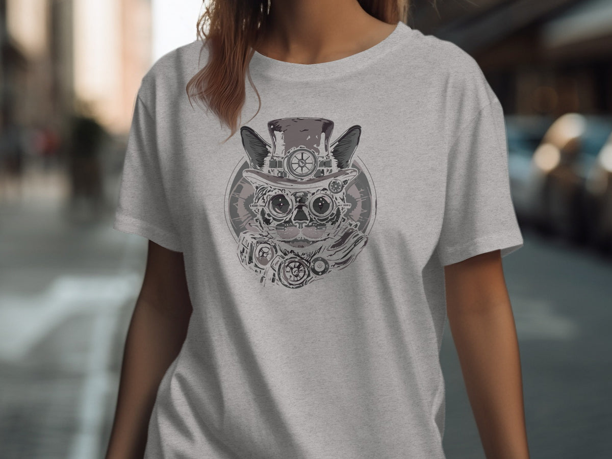 Steampunk cat graphic on a light grey t-shirt.