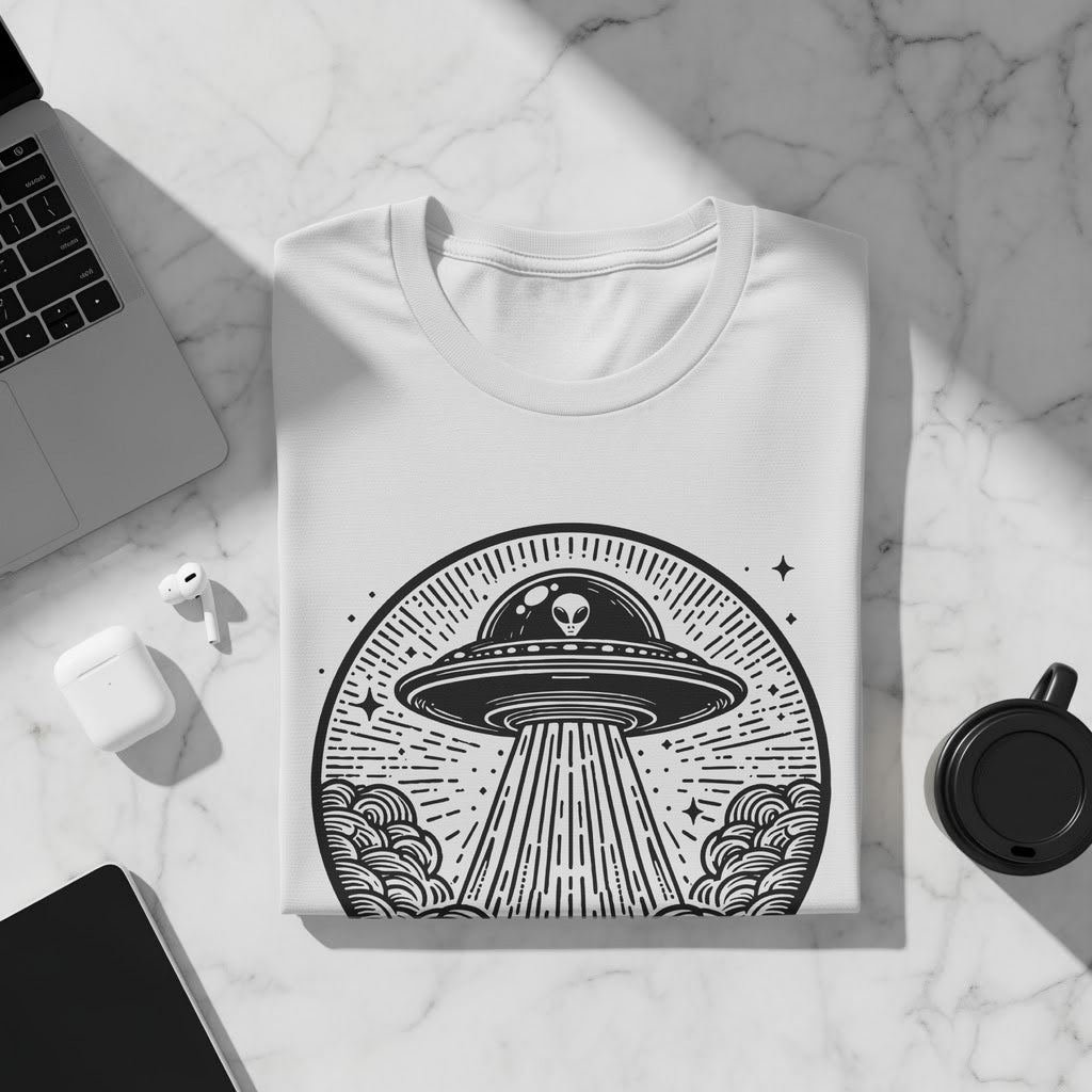 White t-shirt with black alien and UFO graphic in a circular design.