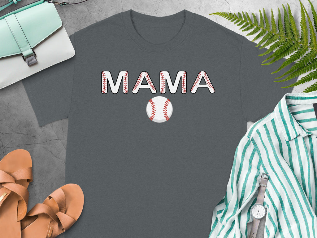 Gray t-shirt with "MAMA" in baseball-themed lettering and a baseball.