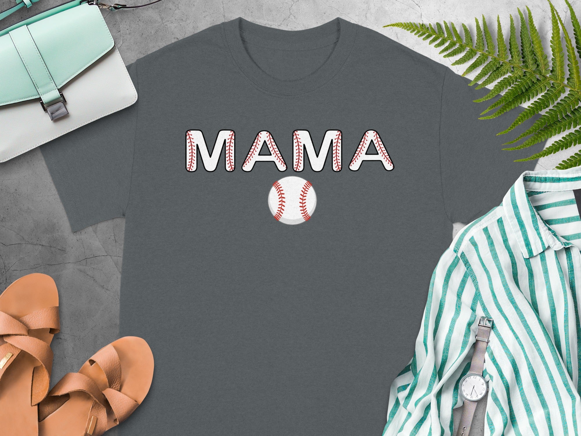 Gray t-shirt with "MAMA" in baseball-themed lettering and a baseball.