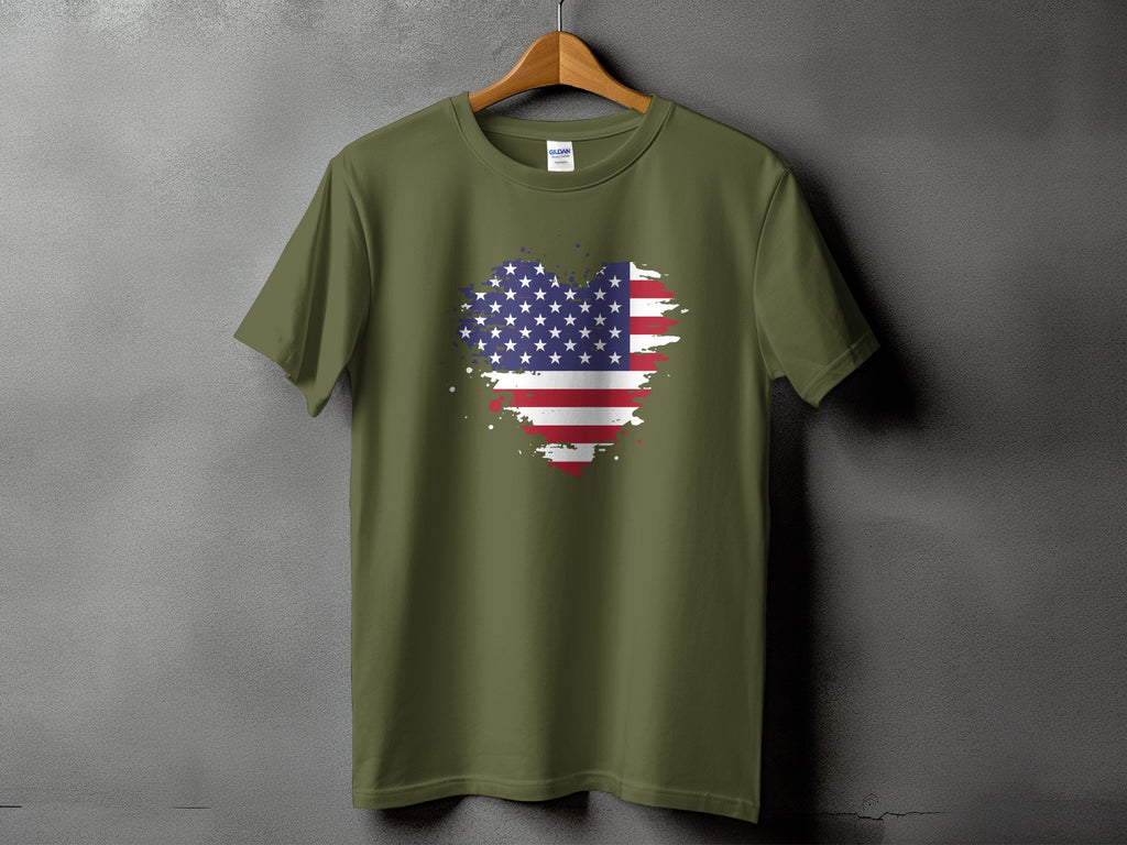 Olive t-shirt with distressed American flag heart graphic on front.