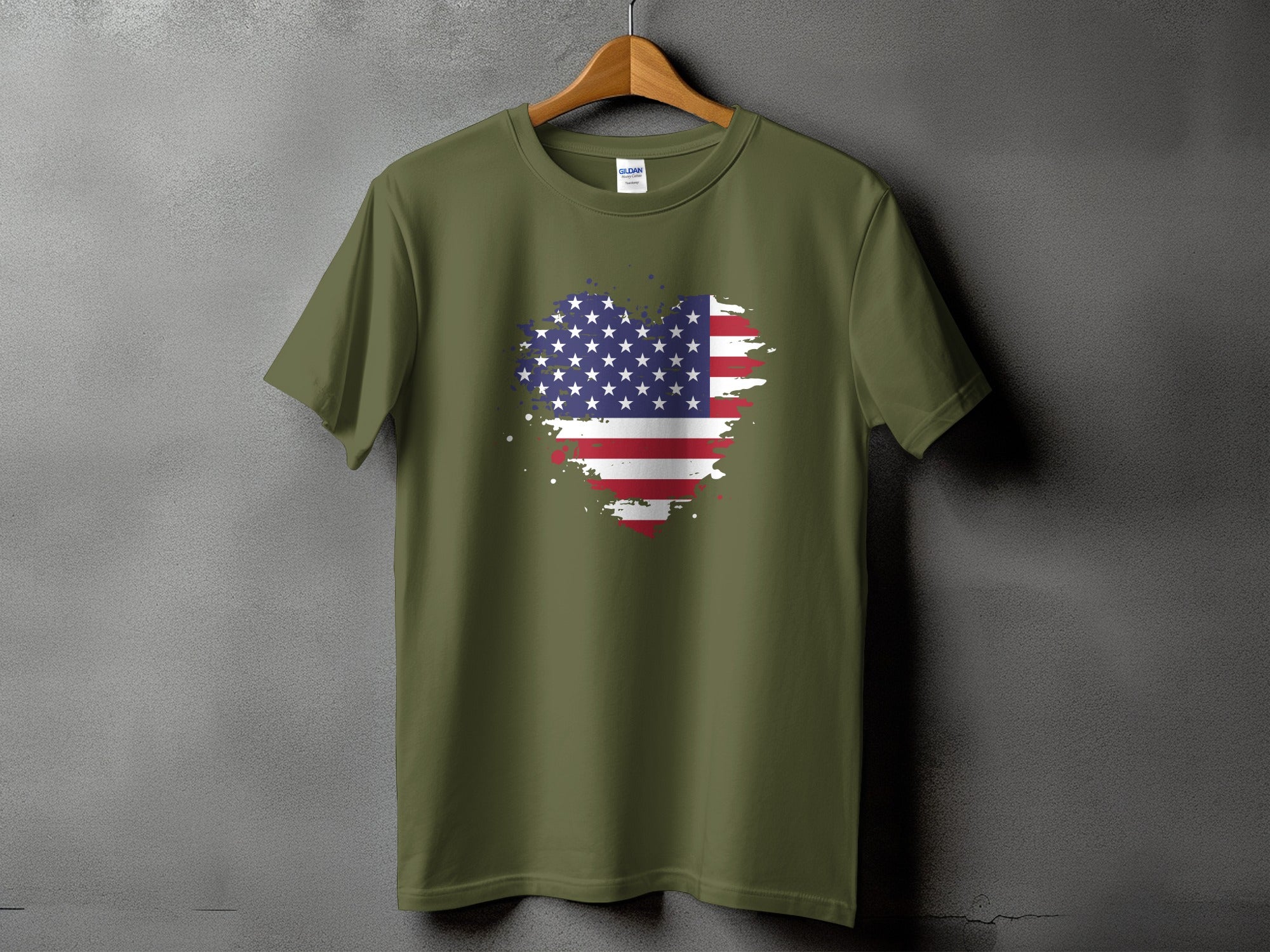 Olive t-shirt with distressed American flag heart graphic on front.