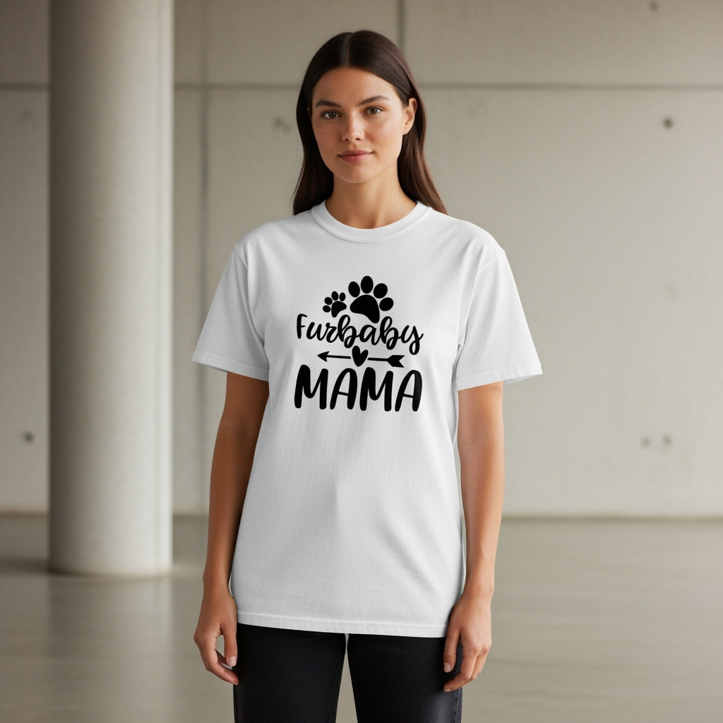 White t-shirt with black "Furbaby Mama" text and paw prints graphic.