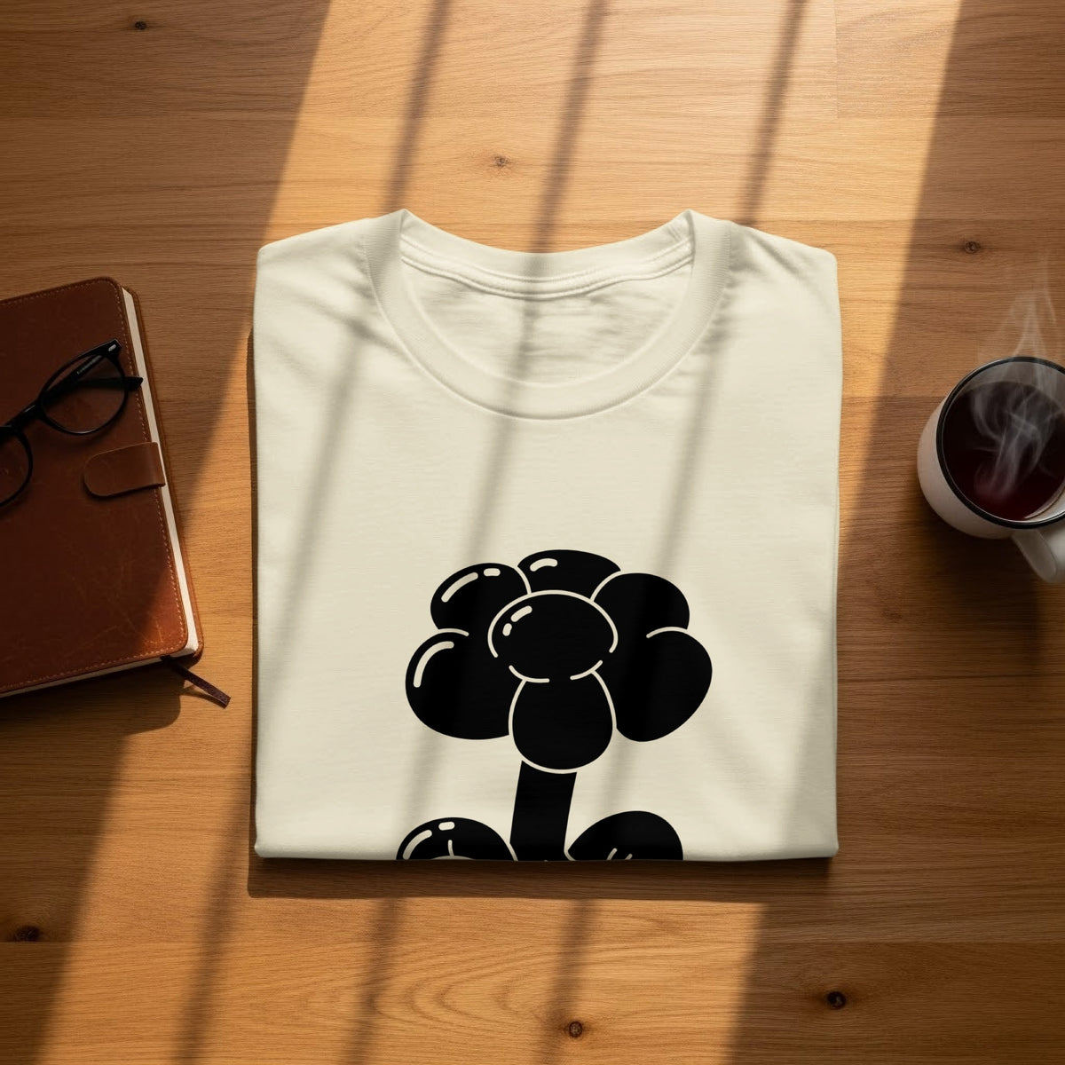 Cream t-shirt with a black balloon flower graphic, on a wooden table.