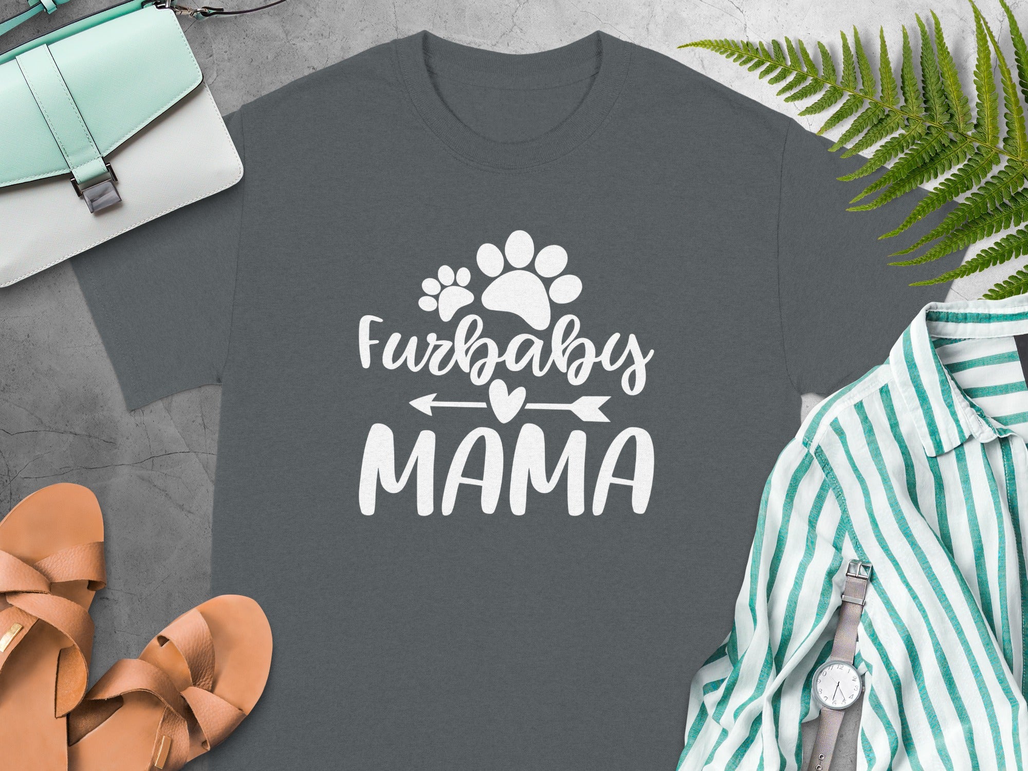 Dark gray t-shirt with "Furbaby MAMA" text and paw prints.